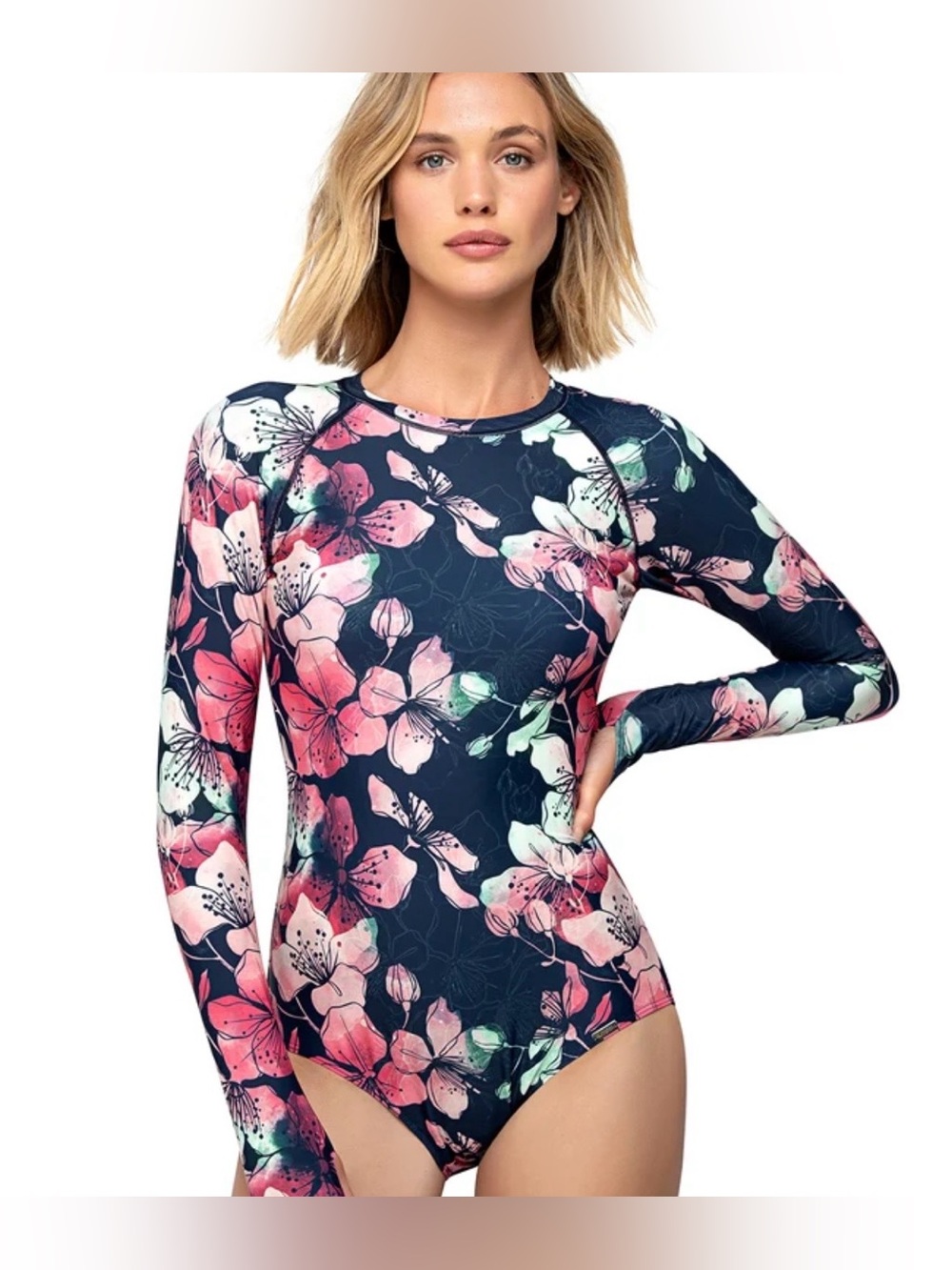 Axesea Womens Floral One Piece Long Sleeve Back Zip Swimsuit Sz 12 Rashguard